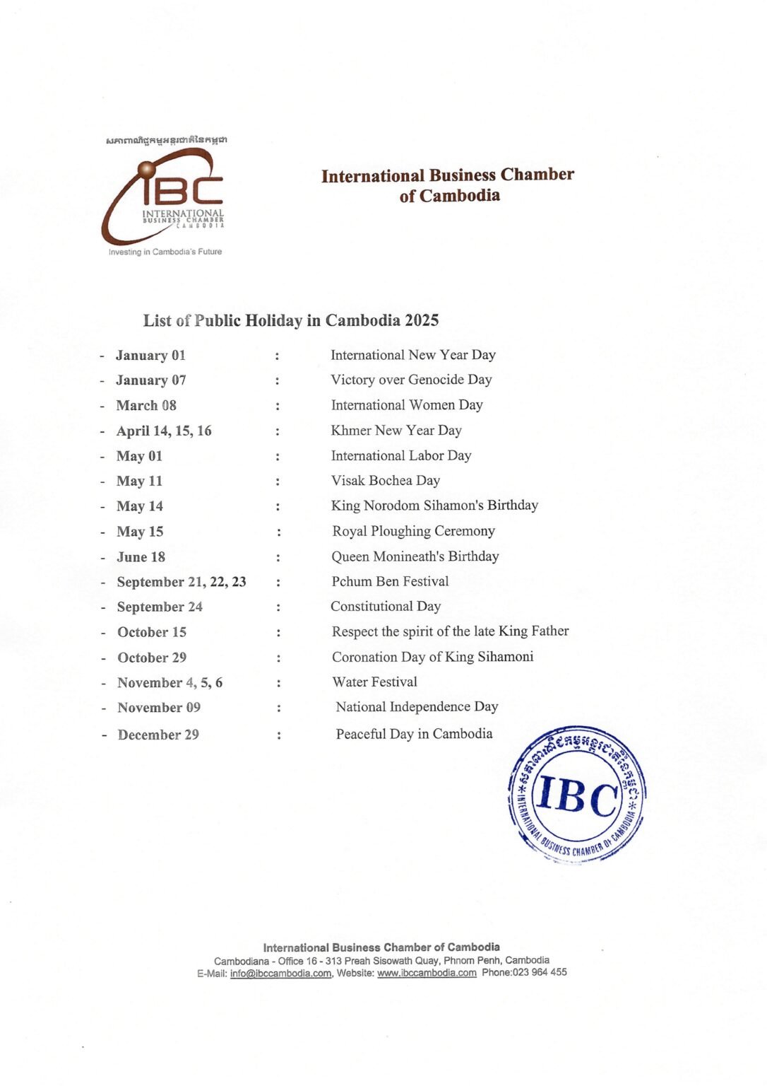 Cambodia Public Holiday 2025 International Business Chamber of Cambodia